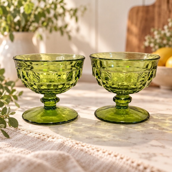 Other - Vintage Indiana Glass Whitehall Avocado Green Sherbet Cups Set of 2 MCM Retro